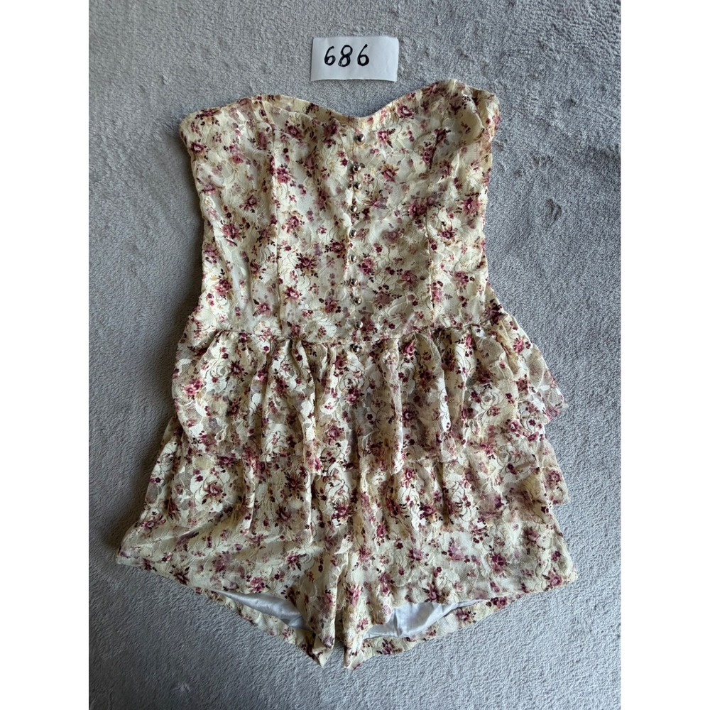 April Lace Romper Womens Large Cream Floral Strapless Ruffle Tiered